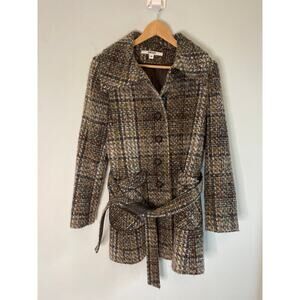 DKNY Women’s 10 petite tan tweed plaid Pea coat, belted, lined, pockets